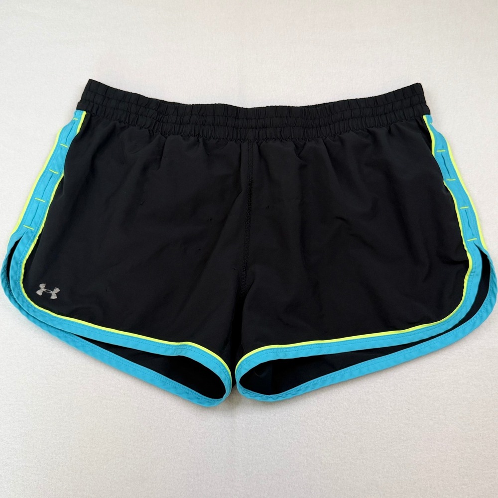 Under Armour Fly By Running Shorts Black Turquoise Lime Green Trim Womens Large